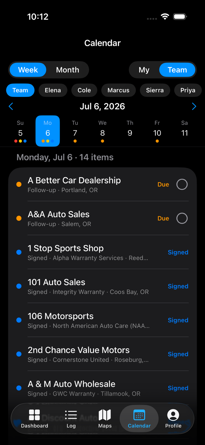 DealerMap team calendar — every rep's follow-ups and signings for the week
