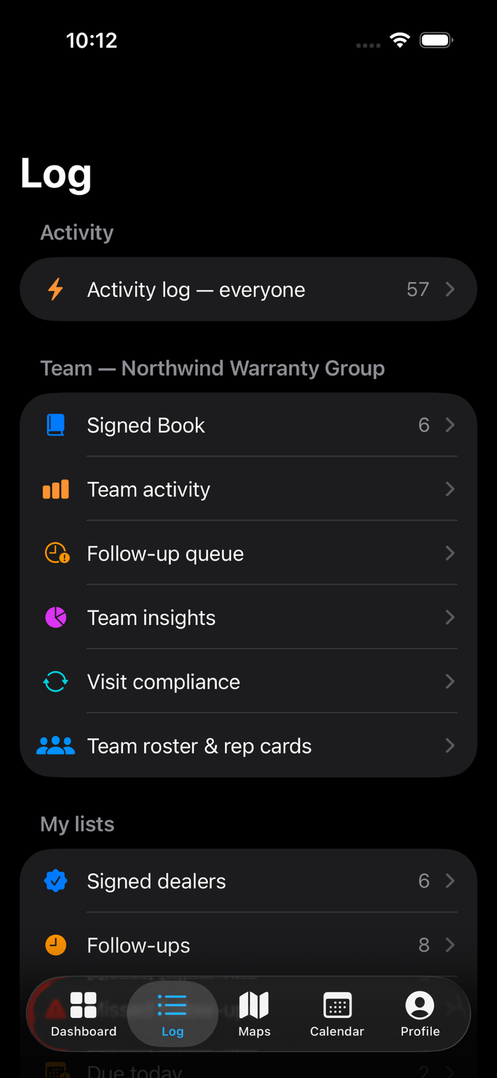 DealerMap team log — Signed Book, team activity, follow-up queue, and visit compliance