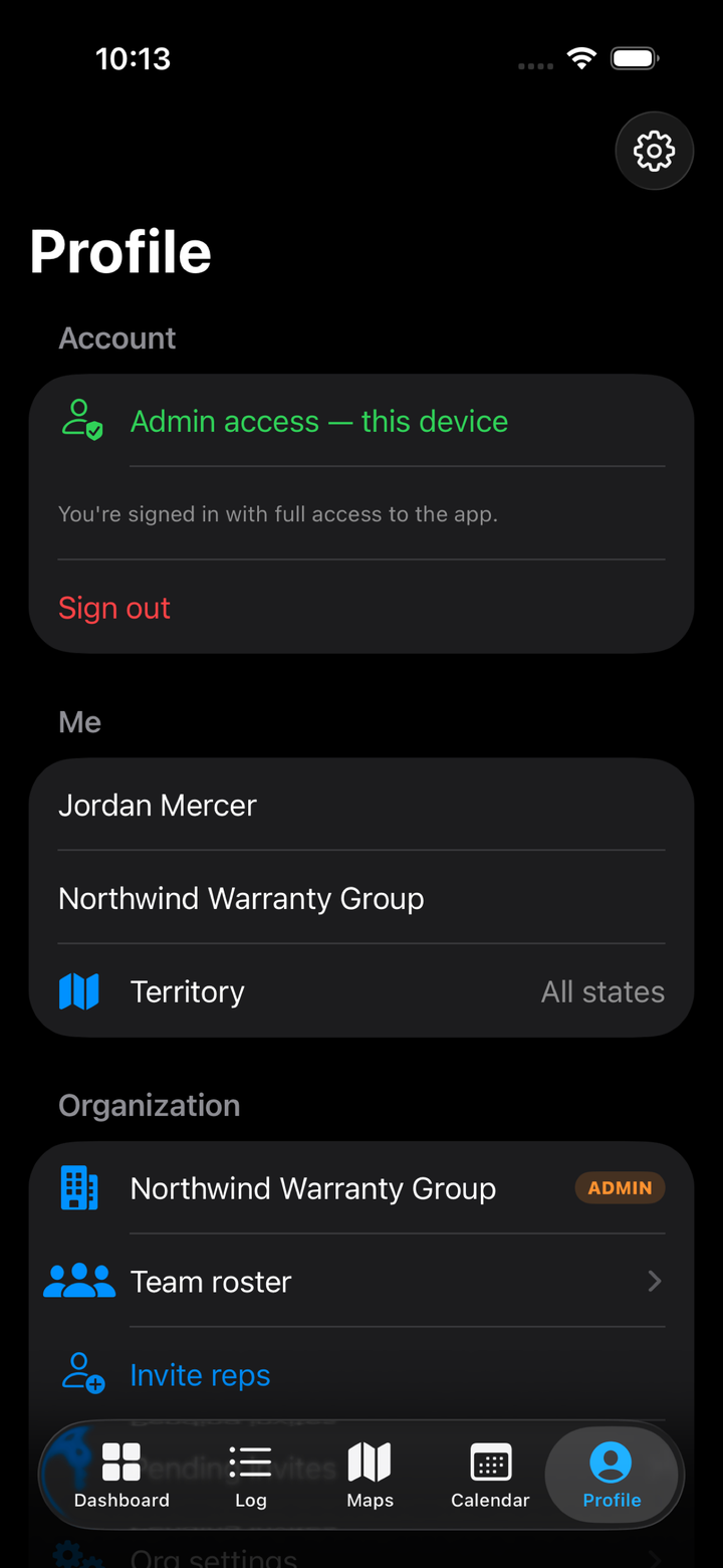 DealerMap admin controls — team roster, invites, audit log, and data export