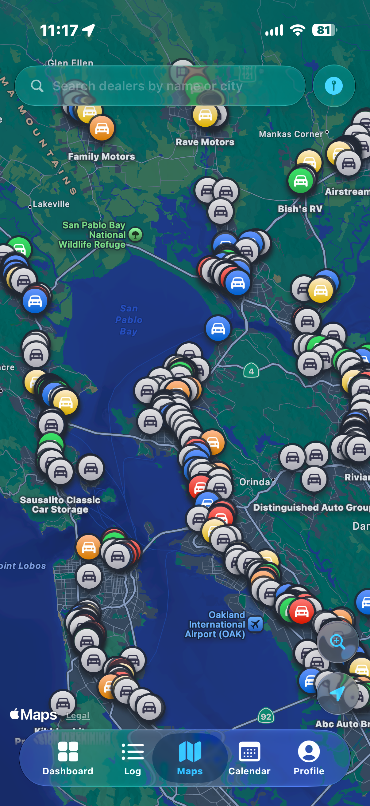 DealerMap live map with color-coded dealer pins across a worked territory