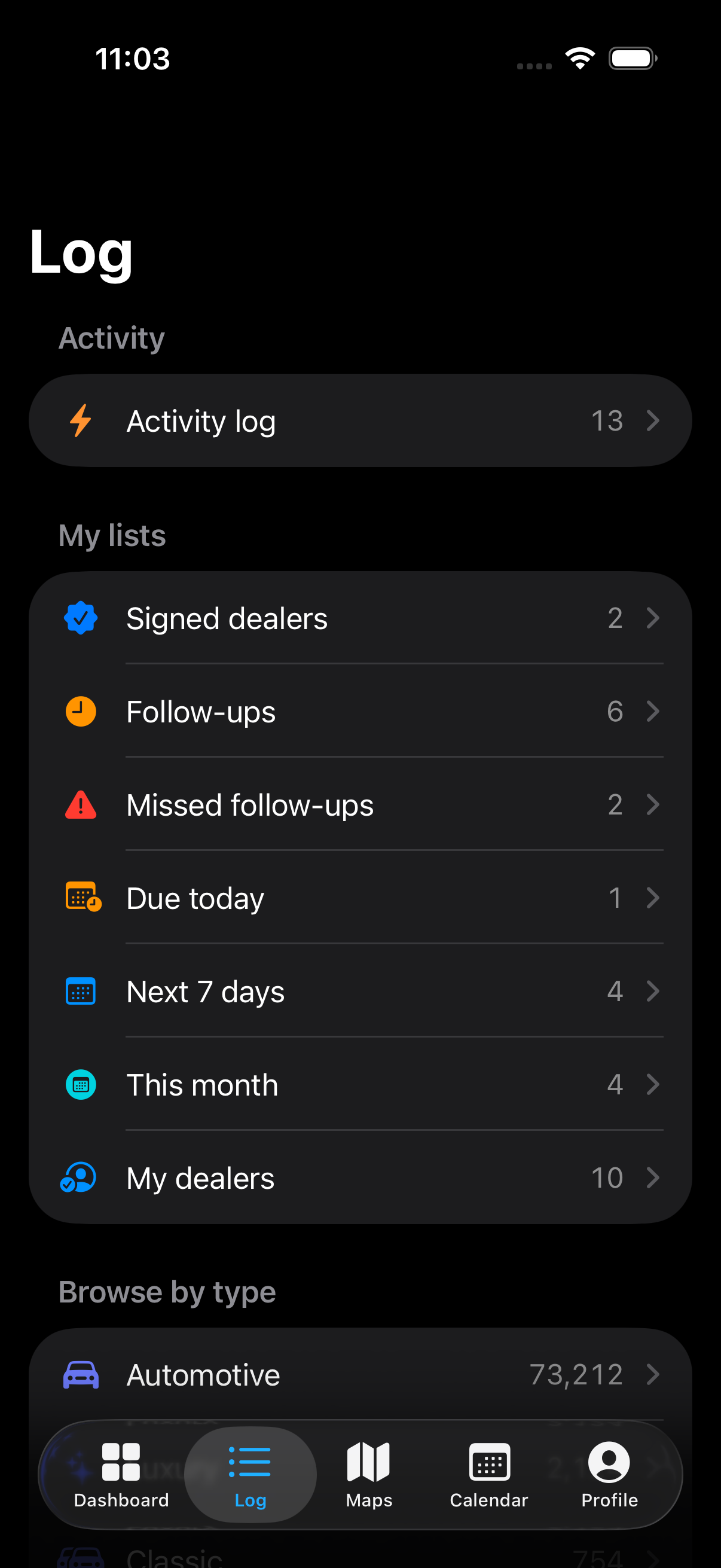 DealerMap Log hub β signed dealers, follow-ups, and the rep's book