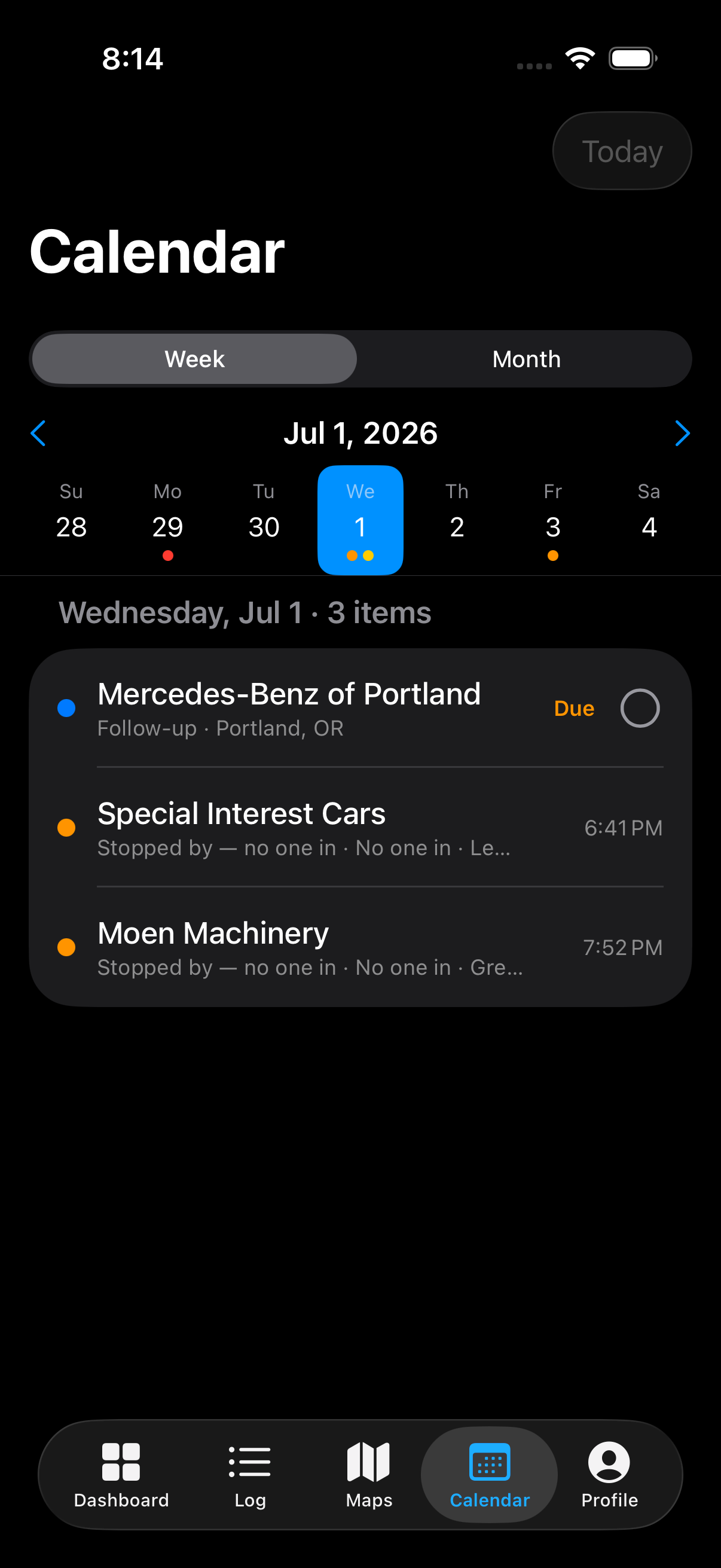DealerMap calendar of follow-ups